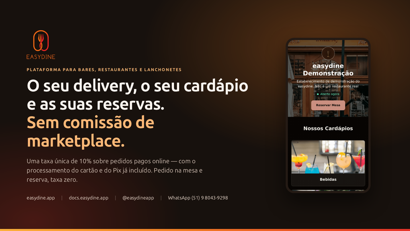 Capa da apresentação comercial do easydine, com o título “O seu delivery, o seu cardápio e as suas reservas. Sem comissão de marketplace.” e uma loja easydine aberta no celular