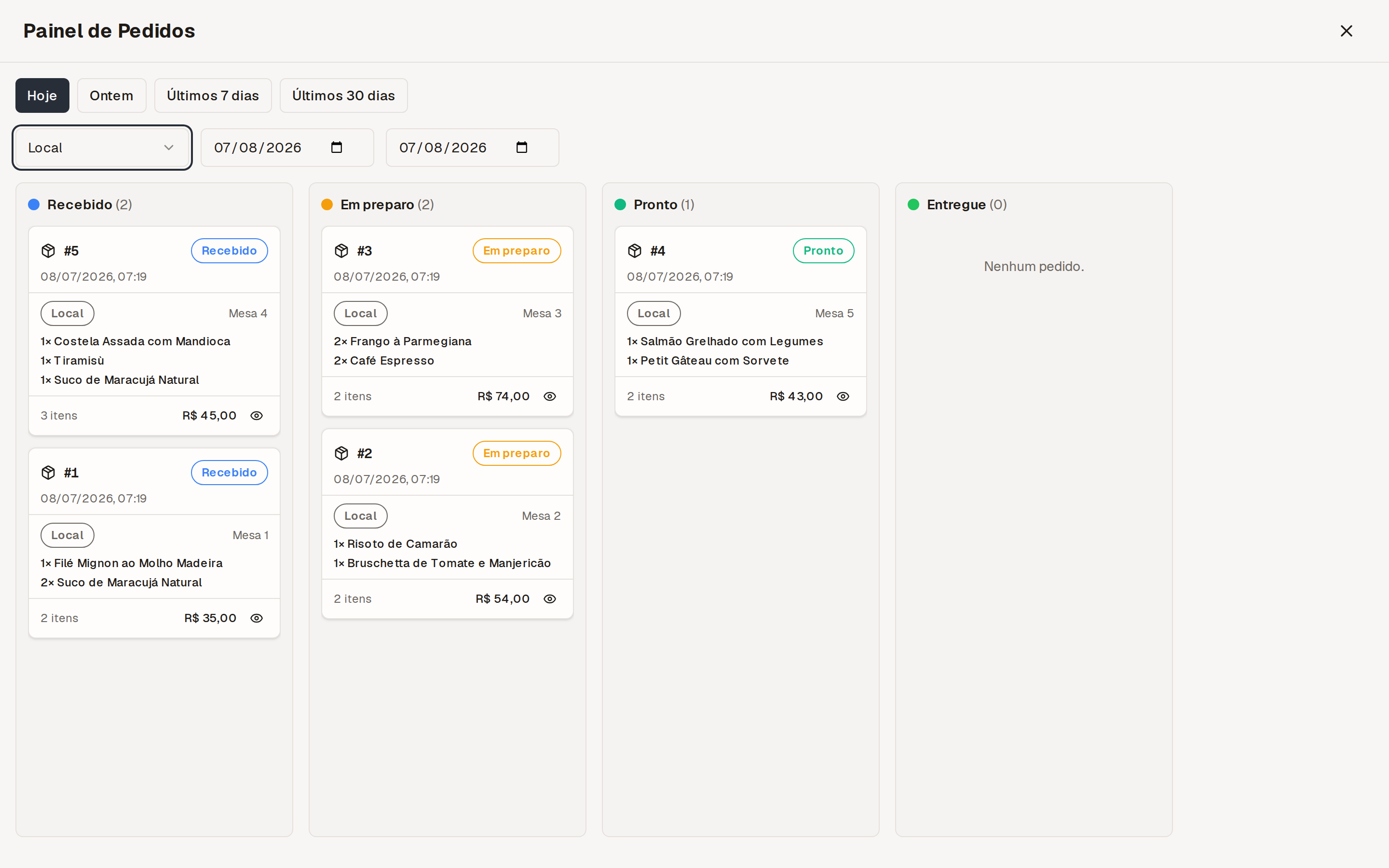 Painel de pedidos do easydine com colunas de status: recebido, em preparo, pronto e entregue
