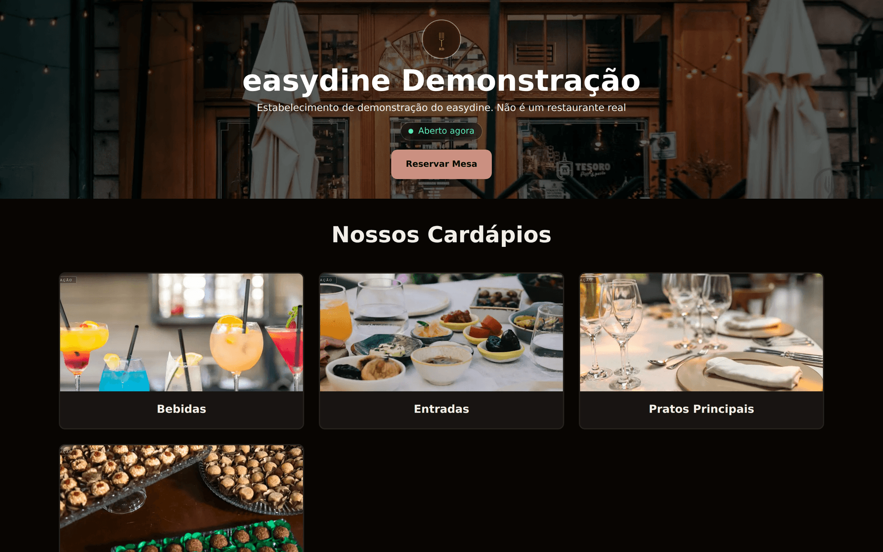 Loja online publicada no easydine, com banner, identidade visual e cardápios do estabelecimento