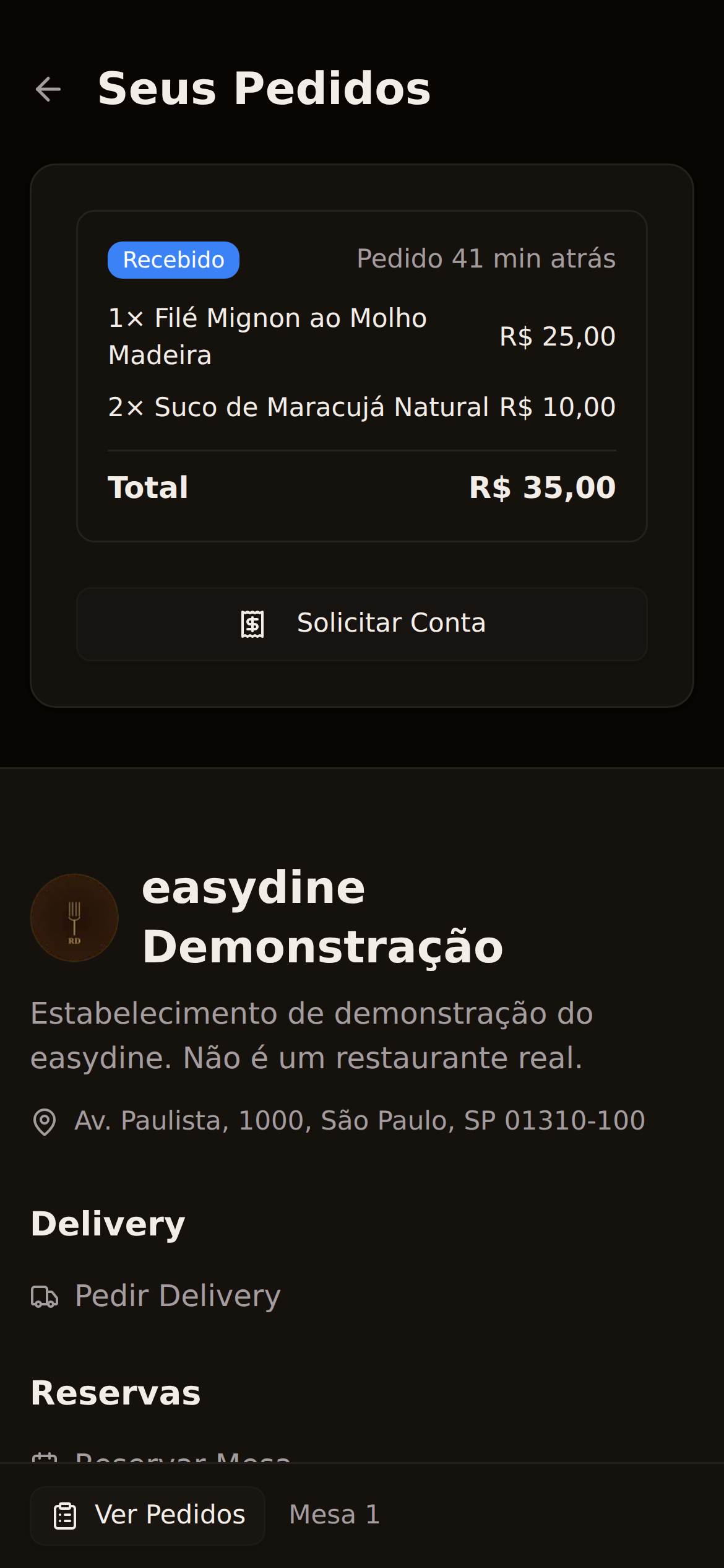 Pedido na mesa pelo celular no easydine, com itens, total e opção de solicitar a conta